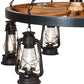 Meyda Lighting Miners Lantern 40" 6-Light Wrought Iron & Natural Wood Wagon Wheel Chandelier With Clear Shade Glass