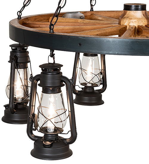 Meyda Lighting Miners Lantern 40" 6-Light Wrought Iron & Natural Wood Wagon Wheel Chandelier With Clear Shade Glass