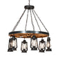Meyda Lighting Miners Lantern 40" 6-Light Wrought Iron & Natural Wood Wagon Wheel Chandelier With Clear Shade Glass