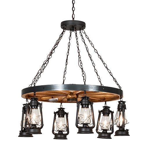 Meyda Lighting Miners Lantern 40" 6-Light Wrought Iron & Natural Wood Wagon Wheel Chandelier With Clear Shade Glass