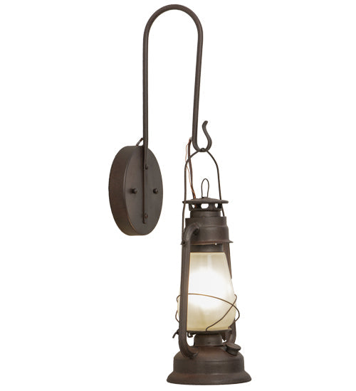 Meyda Lighting Miners Lantern 7" Distressed Rust Lantern Wall Sconce With Clear Frosted Shade Glass