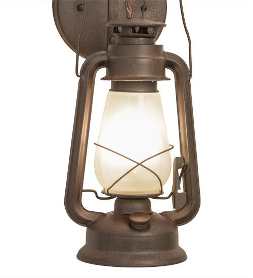 Meyda Lighting Miners Lantern 7" Distressed Rust Lantern Wall Sconce With Clear Frosted Shade Glass