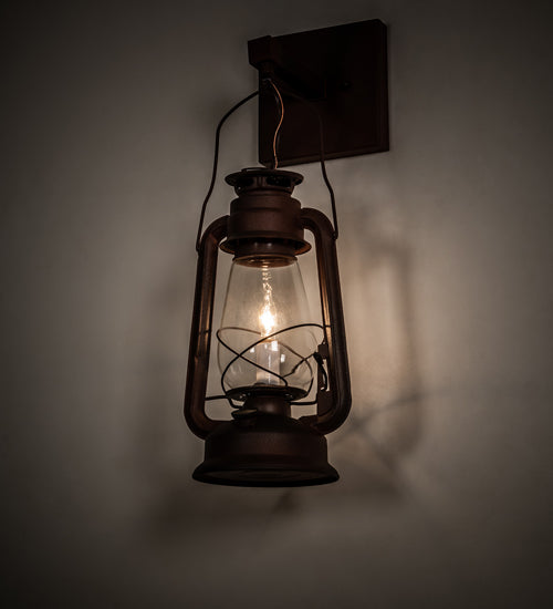Meyda Lighting Miners Lantern 7" Wrought Iron On Rust Wall Sconce With Clear Shade Glass