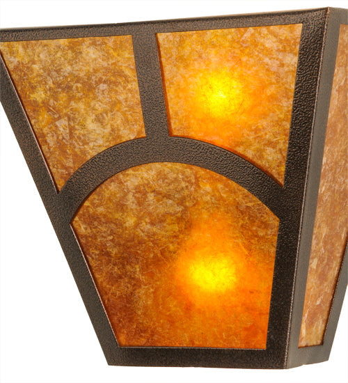 Meyda Lighting Mission 13" 2-Light Copper Vein Hill Top Wall Sconce With Amber Mica Shade Glass