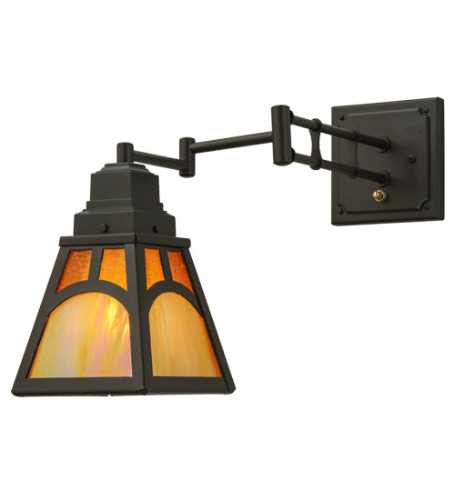 Meyda Lighting Mission 13" Timeless Bronze Hill Top Swing Arm Wall Sconce With Honey Art & Beige Iridescent Shade Glass