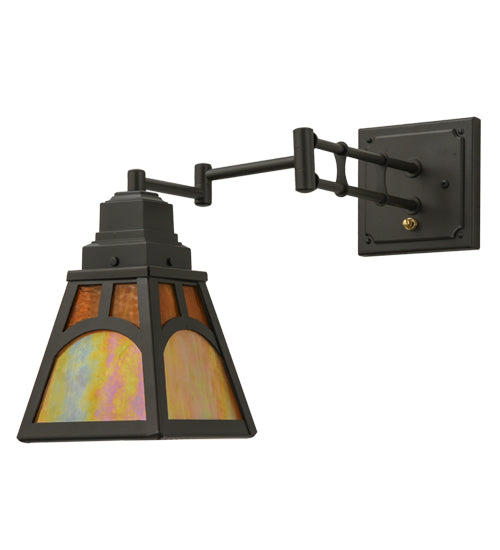 Meyda Lighting Mission 13" Timeless Bronze Hill Top Swing Arm Wall Sconce With Honey Art & Beige Iridescent Shade Glass