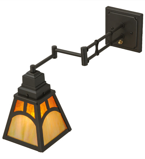 Meyda Lighting Mission 13" Timeless Bronze Hill Top Swing Arm Wall Sconce With Honey Art & Beige Iridescent Shade Glass
