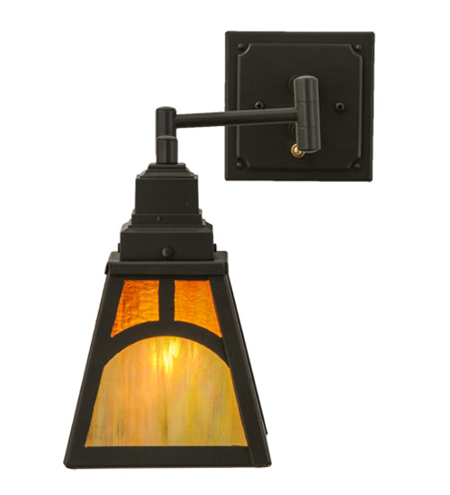 Meyda Lighting Mission 13" Timeless Bronze Hill Top Swing Arm Wall Sconce With Honey Art & Beige Iridescent Shade Glass