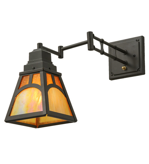 Meyda Lighting Mission 13" Timeless Bronze Hill Top Swing Arm Wall Sconce With Honey Art & Beige Iridescent Shade Glass