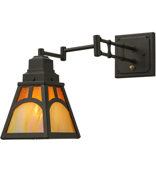Meyda Lighting Mission 13" Timeless Bronze Hill Top Swing Arm Wall Sconce With Honey Art & Beige Iridescent Shade Glass
