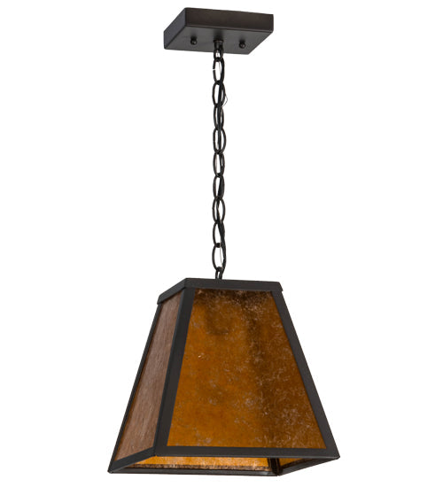 Meyda Lighting Mission 14" Wrought Iron Prime Pendant Light With Amber Mica Shade Glass