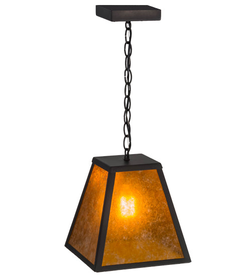 Meyda Lighting Mission 14" Wrought Iron Prime Pendant Light With Amber Mica Shade Glass