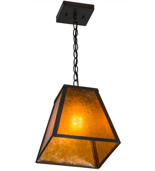 Meyda Lighting Mission 14" Wrought Iron Prime Pendant Light With Amber Mica Shade Glass