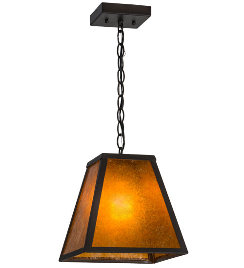 Meyda Lighting Mission 14" Wrought Iron Prime Pendant Light With Amber Mica Shade Glass