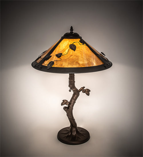 Meyda Lighting Mission 23" Craftsman Brown Vine Leaf Apple Tree Table Lamp With Yellow Shade Glass