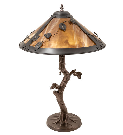 Meyda Lighting Mission 23" Craftsman Brown Vine Leaf Apple Tree Table Lamp With Yellow Shade Glass
