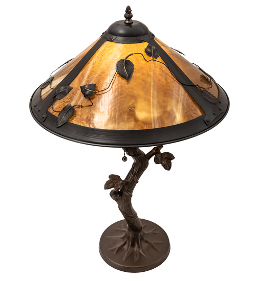 Meyda Lighting Mission 23" Craftsman Brown Vine Leaf Apple Tree Table Lamp With Yellow Shade Glass
