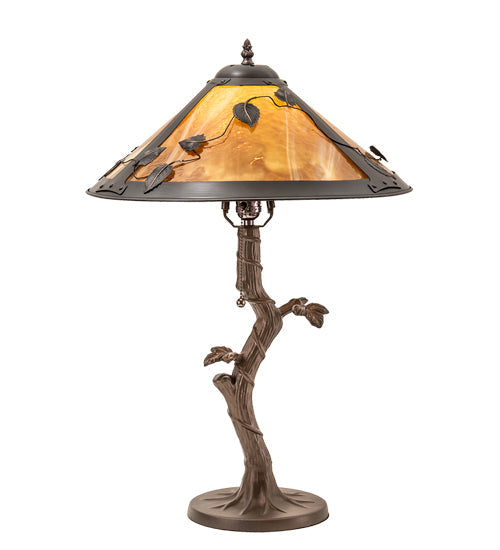 Meyda Lighting Mission 23" Craftsman Brown Vine Leaf Apple Tree Table Lamp With Yellow Shade Glass