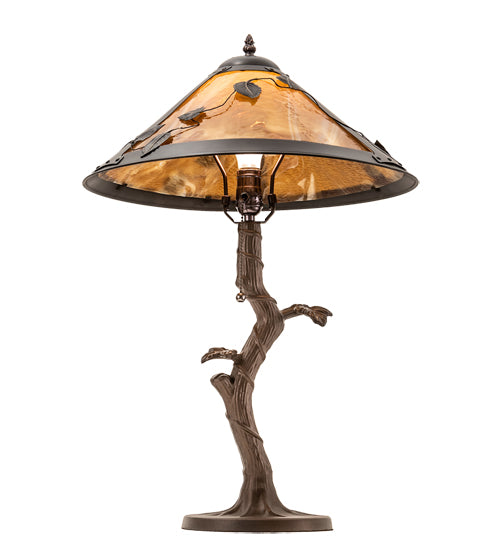Meyda Lighting Mission 23" Craftsman Brown Vine Leaf Apple Tree Table Lamp With Yellow Shade Glass