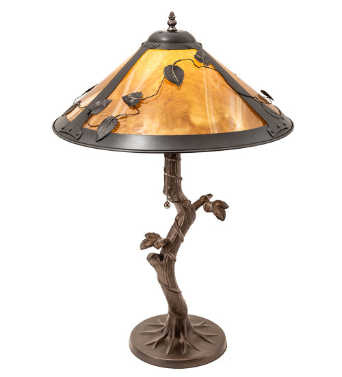 Meyda Lighting Mission 23" Craftsman Brown Vine Leaf Apple Tree Table Lamp With Yellow Shade Glass