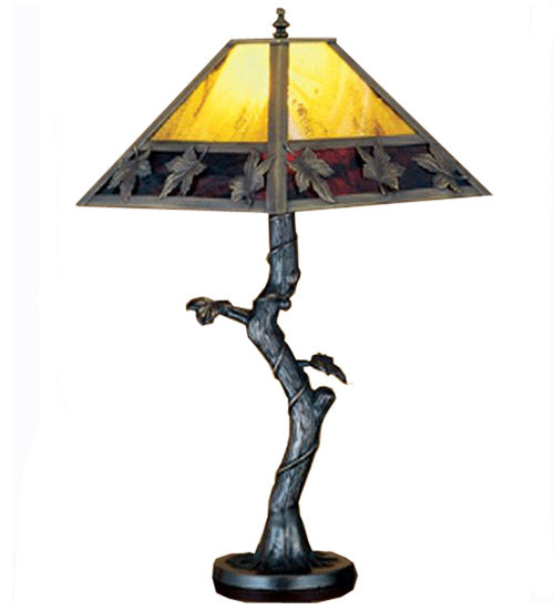 Meyda Lighting Mission 23" Maple Leaf Apple Tree Table Lamp With Beige & Red Shade Glass