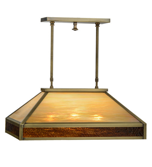 Meyda Lighting Mission 24" 3-Light Antique Brass Prime Duxbury Island Pendant Light With Beige Iridescent & Rootbeer Art Shade Glass