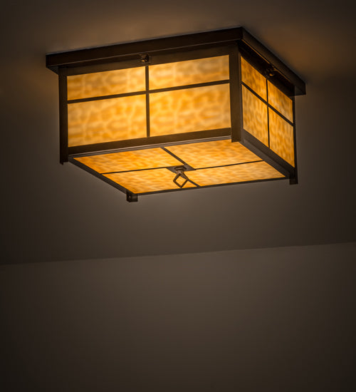 Meyda Lighting Mission 24" 4-Light Antique Copper Flush Mount Light With Beige Art Shade Glass