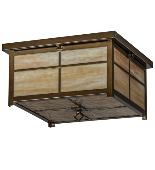 Meyda Lighting Mission 24" 4-Light Antique Copper Flush Mount Light With Beige Art Shade Glass