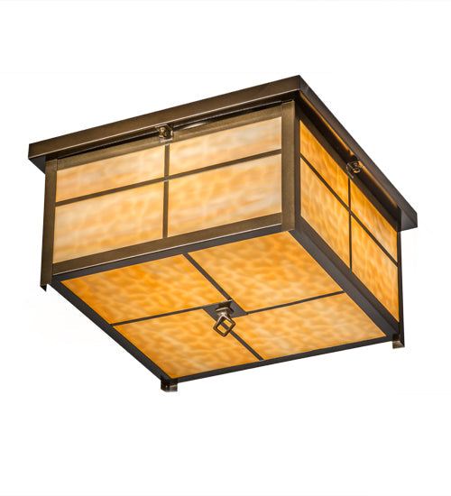 Meyda Lighting Mission 24" 4-Light Antique Copper Flush Mount Light With Beige Art Shade Glass