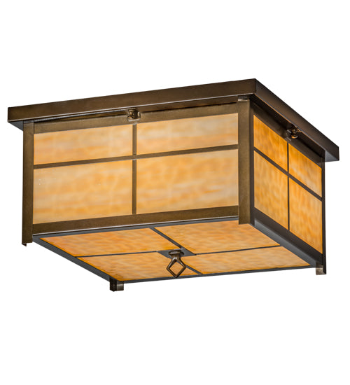Meyda Lighting Mission 24" 4-Light Antique Copper Flush Mount Light With Beige Art Shade Glass