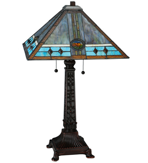 Meyda Lighting Mission 26" 2-Light Mahogany Bronze Rose Table Lamp With Multi-Colored Shade Glass