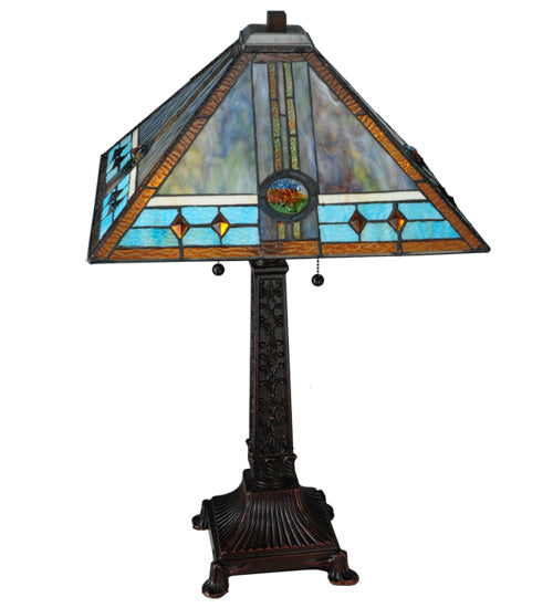 Meyda Lighting Mission 26" 2-Light Mahogany Bronze Rose Table Lamp With Multi-Colored Shade Glass