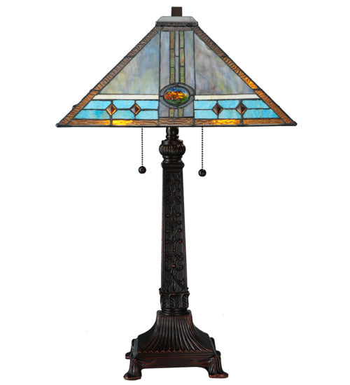 Meyda Lighting Mission 26" 2-Light Mahogany Bronze Rose Table Lamp With Multi-Colored Shade Glass