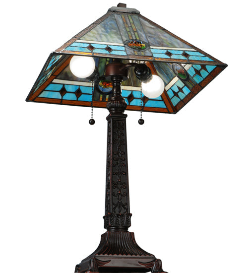 Meyda Lighting Mission 26" 2-Light Mahogany Bronze Rose Table Lamp With Multi-Colored Shade Glass