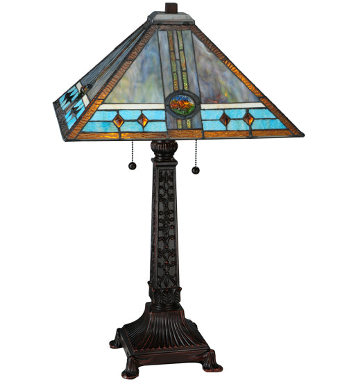 Meyda Lighting Mission 26" 2-Light Mahogany Bronze Rose Table Lamp With Multi-Colored Shade Glass