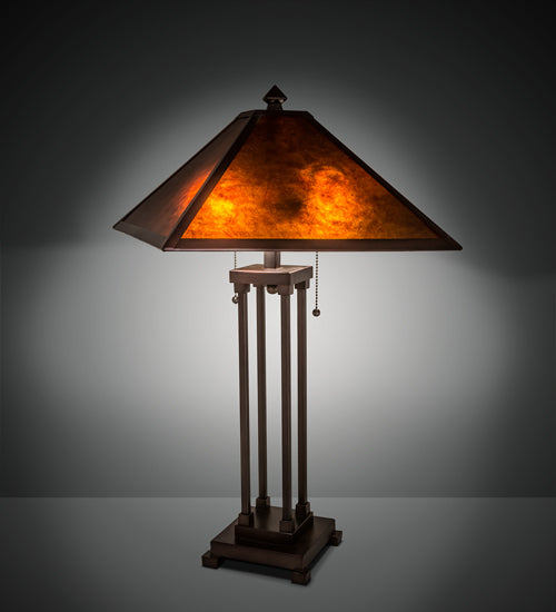 Meyda Lighting Mission 28" 2-Light Mahogany Bronze Prime Table Lamp With Amber Mica Shade Glass