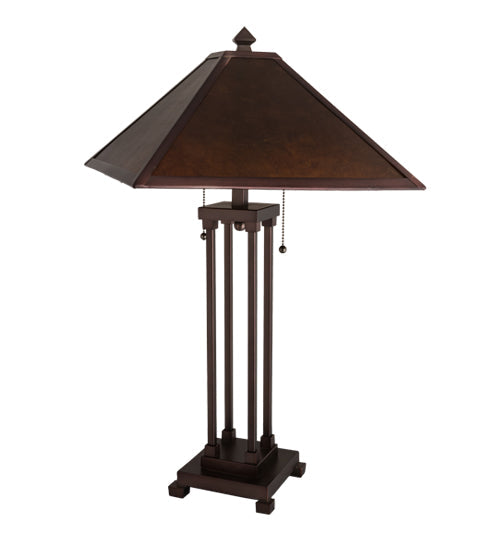 Meyda Lighting Mission 28" 2-Light Mahogany Bronze Prime Table Lamp With Amber Mica Shade Glass