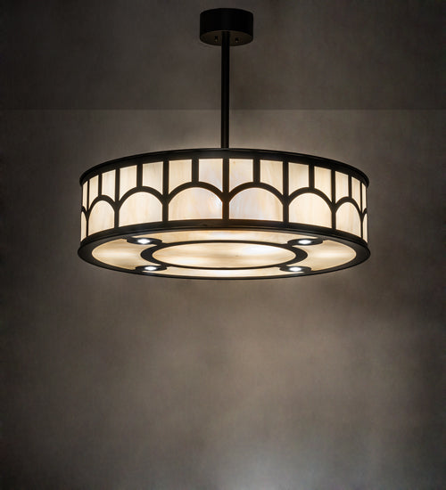 Meyda Lighting Mission 37" 12-Light Exterior Oil Rubbed Bronze Hill Top Pendant Light With Beige Sahara Taupe Idalight Shade