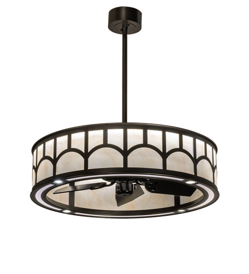 Meyda Lighting Mission 37" LED Exterior Oil Rubbed Bronze Hill Top Chandelier With Beige Sahara Taupe Idalight Shade and Fan