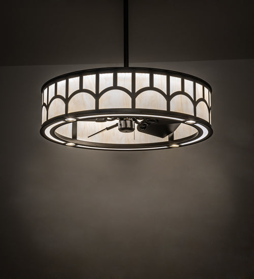 Meyda Lighting Mission 37" LED Exterior Oil Rubbed Bronze Hill Top Chandelier With Beige Sahara Taupe Idalight Shade and Fan