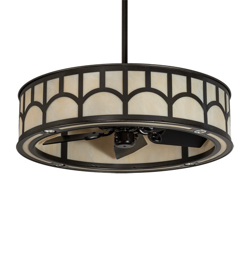 Meyda Lighting Mission 37" LED Exterior Oil Rubbed Bronze Hill Top Chandelier With Beige Sahara Taupe Idalight Shade and Fan