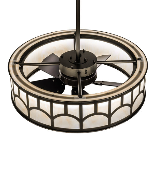 Meyda Lighting Mission 37" LED Exterior Oil Rubbed Bronze Hill Top Chandelier With Beige Sahara Taupe Idalight Shade and Fan