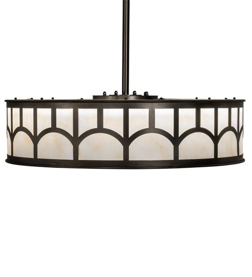 Meyda Lighting Mission 37" LED Exterior Oil Rubbed Bronze Hill Top Chandelier With Beige Sahara Taupe Idalight Shade and Fan