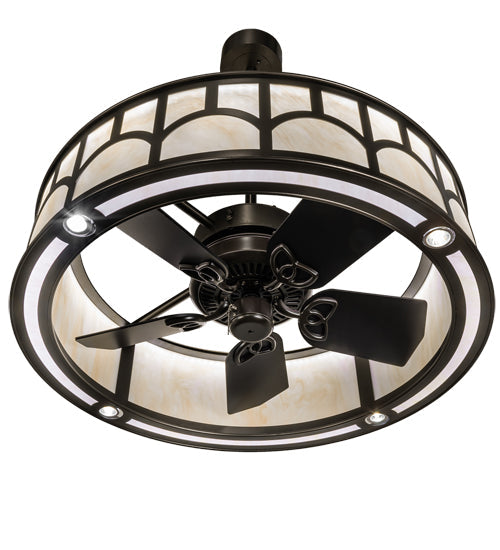 Meyda Lighting Mission 37" LED Exterior Oil Rubbed Bronze Hill Top Chandelier With Beige Sahara Taupe Idalight Shade and Fan