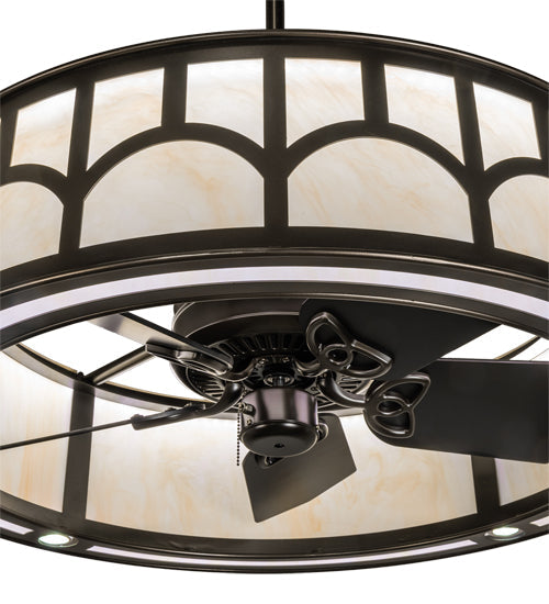 Meyda Lighting Mission 37" LED Exterior Oil Rubbed Bronze Hill Top Chandelier With Beige Sahara Taupe Idalight Shade and Fan