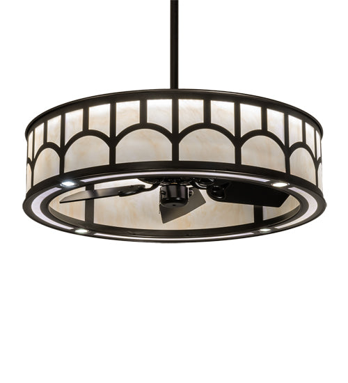 Meyda Lighting Mission 37" LED Exterior Oil Rubbed Bronze Hill Top Chandelier With Beige Sahara Taupe Idalight Shade and Fan