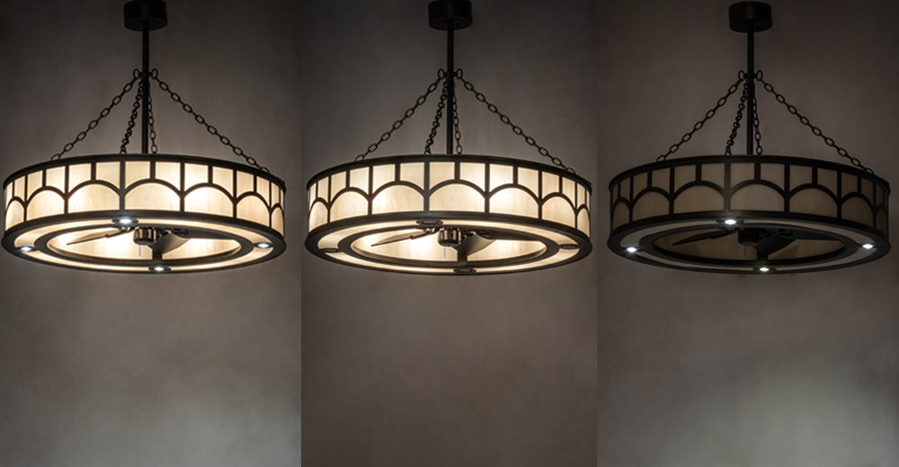 Meyda Lighting Mission 44" 12-Light Exterior Oil Rubbed Bronze Hill Top Chandelier With Beige Sahara Taupe Idalight Shade With Fan
