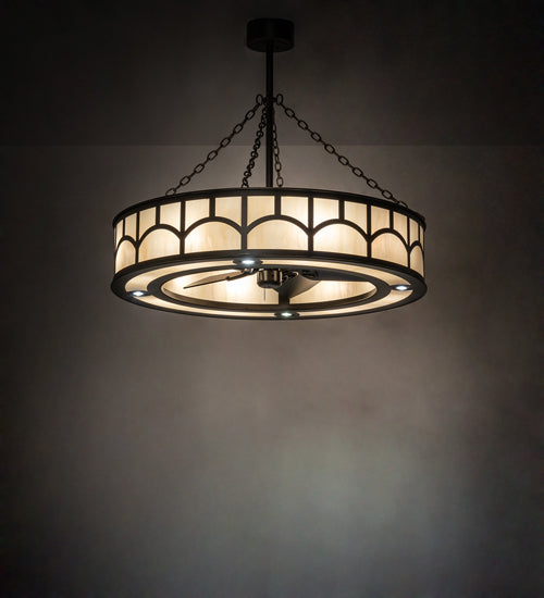 Meyda Lighting Mission 44" 12-Light Exterior Oil Rubbed Bronze Hill Top Chandelier With Beige Sahara Taupe Idalight Shade With Fan