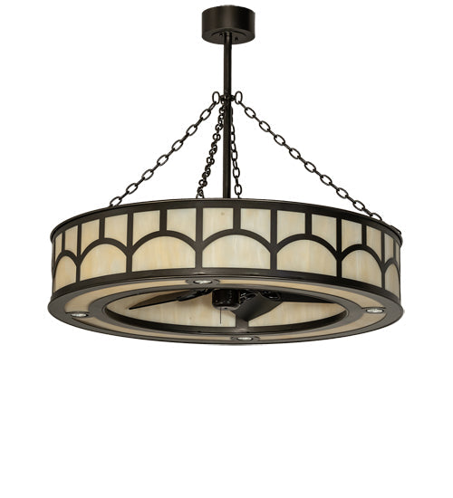 Meyda Lighting Mission 44" 12-Light Exterior Oil Rubbed Bronze Hill Top Chandelier With Beige Sahara Taupe Idalight Shade With Fan