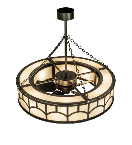 Meyda Lighting Mission 44" 12-Light Exterior Oil Rubbed Bronze Hill Top Chandelier With Beige Sahara Taupe Idalight Shade With Fan